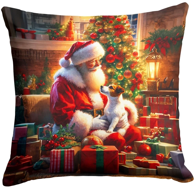 Main image of Jack Russell Terrier and Santa Claus Throw Pillow Machine Washable, Indoor Outdoor Decorative Pillow for Couch, Bed or Patio, 18Hx18W