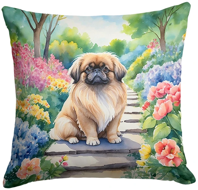 Main image of Pekingese Spring Path Throw Pillow Machine Washable, Indoor Outdoor Decorative Pillow for Couch, Bed or Patio, 18Hx18W