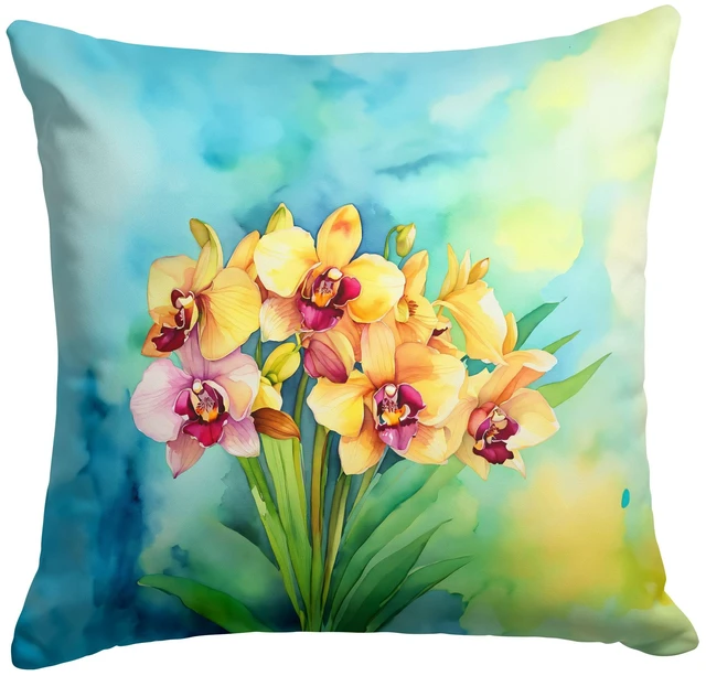 Main image of Orchids in Watercolor Throw Pillow Machine Washable, Indoor Outdoor Decorative Pillow for Couch, Bed or Patio, 18Hx18W