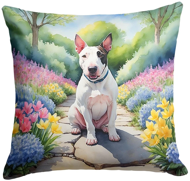 Main image of NEW English Bull Terrier Spring Path Throw Pillow Machine Washable, Indoor Outdoor Decorative Pillow for Couch, Bed or Patio, 18Hx18W