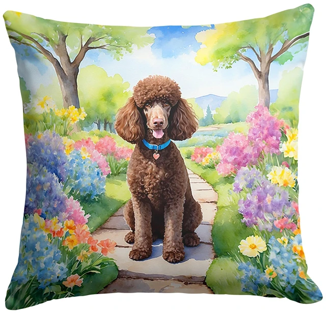 Main image of Chocolate Poodle Spring Path Throw Pillow Machine Washable, Indoor Outdoor Decorative Pillow for Couch, Bed or Patio, 18Hx18W
