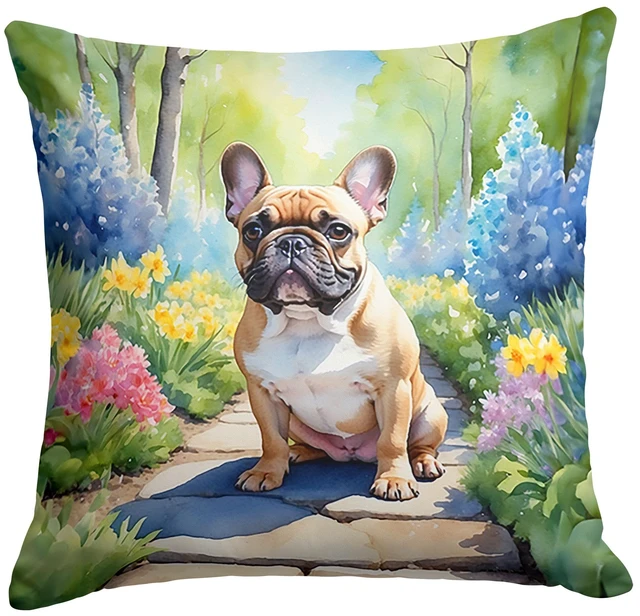 Main image of French Bulldog Spring Path Throw Pillow Machine Washable, Indoor Outdoor Decorative Pillow for Couch, Bed or Patio, 18Hx18W