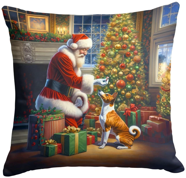 Main image of Basenji and Santa Claus Throw Pillow Machine Washable, Indoor Outdoor Decorative Pillow for Couch, Bed or Patio, 18Hx18W