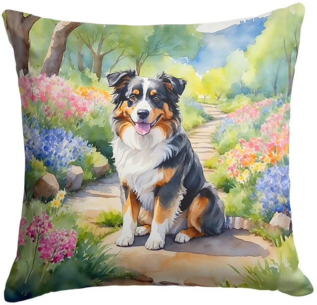 Main image of Australian Shepherd Spring Garden Throw Pillow Machine Washable, Indoor Outdoor Decorative Pillow for Couch, Bed or Patio, 18Hx18W