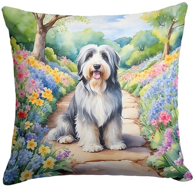 Main image of Bearded Collie Spring Garden Throw Pillow Machine Washable, Indoor Outdoor Decorative Pillow for Couch, Bed or Patio, 18Hx18W