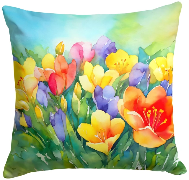 Main image of Freesias in Watercolor Throw Pillow Machine Washable, Indoor Outdoor Decorative Pillow for Couch, Bed or Patio, 18Hx18W