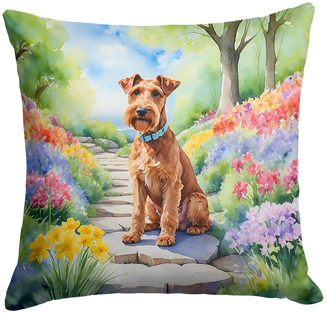Main image of Irish Terrier Spring Path Throw Pillow Machine Washable, Indoor Outdoor Decorative Pillow for Couch, Bed or Patio, 18Hx18W