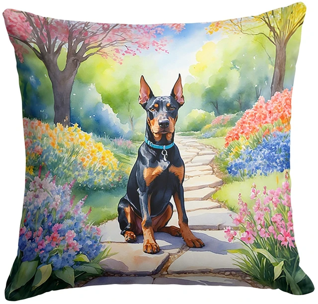 Main image of Doberman Pinscher Spring Path Throw Pillow Machine Washable, Indoor Outdoor Decorative Pillow for Couch, Bed or Patio, 18Hx18W
