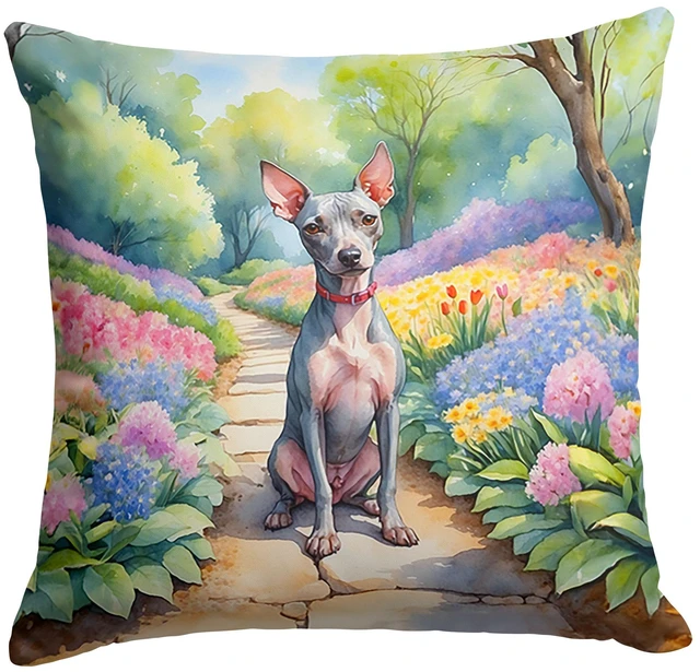 Main image of American Hairless Terrier Spring Garden Throw Pillow Machine Washable, Indoor Outdoor Decorative Pillow for Couch, Bed or Patio, 18Hx18W