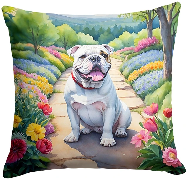 Main image of English Bulldog Spring Path Throw Pillow Machine Washable, Indoor Outdoor Decorative Pillow for Couch, Bed or Patio, 18Hx18W