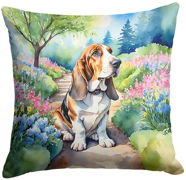 Main image of Basset Hound Spring Garden Throw Pillow Machine Washable, Indoor Outdoor Decorative Pillow for Couch, Bed or Patio, 18Hx18W