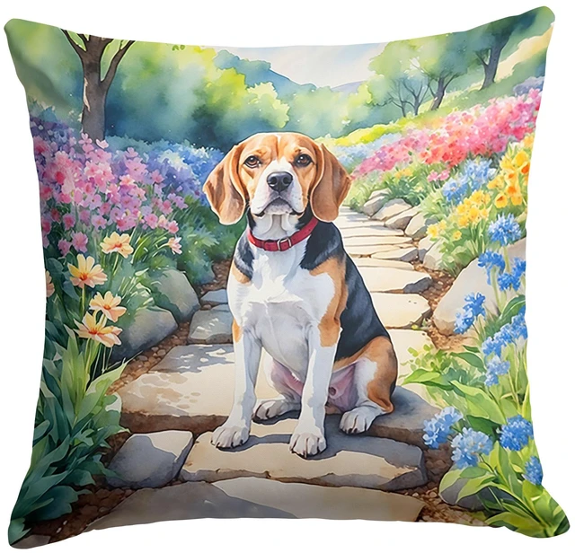 Main image of Beagle Spring Garden Throw Pillow Machine Washable, Indoor Outdoor Decorative Pillow for Couch, Bed or Patio, 18Hx18W