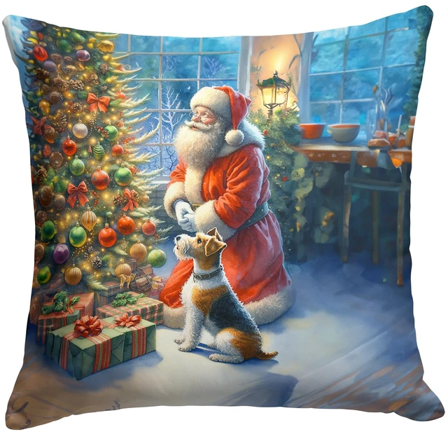 Main image of Fox Terrier and Santa Claus Throw Pillow Machine Washable, Indoor Outdoor Decorative Pillow for Couch, Bed or Patio, 18Hx18W