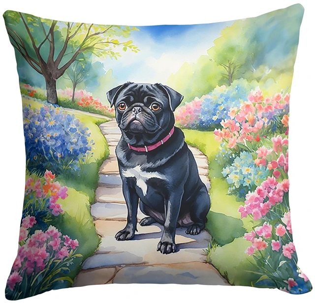 Main image of Black Pug Spring Path Throw Pillow Machine Washable, Indoor Outdoor Decorative Pillow for Couch, Bed or Patio, 18Hx18W