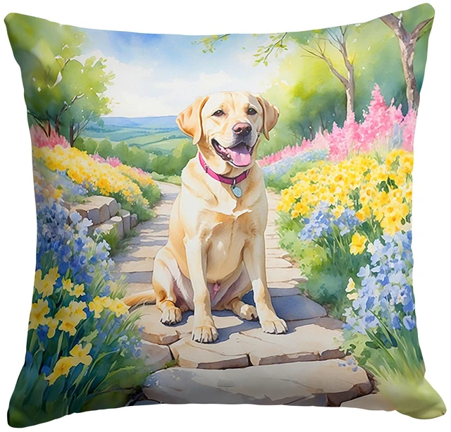 Main image of Labrador Retriever Spring Path Throw Pillow Machine Washable, Indoor Outdoor Decorative Pillow for Couch, Bed or Patio, 18Hx18W