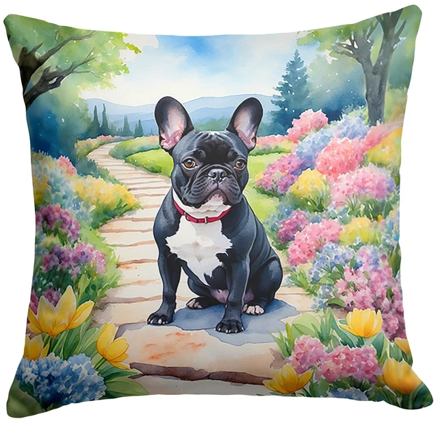 Main image of French Bulldog Spring Path Throw Pillow Machine Washable, Indoor Outdoor Decorative Pillow for Couch, Bed or Patio, 18Hx18W