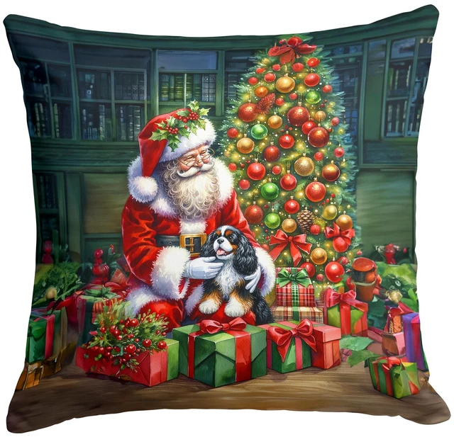 Main image of Cavalier Spaniel and Santa Claus Throw Pillow Machine Washable, Indoor Outdoor Decorative Pillow for Couch, Bed or Patio, 18Hx18W