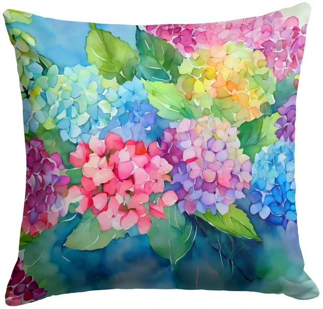 Main image of Hydrangeas in Watercolor Throw Pillow Machine Washable, Indoor Outdoor Decorative Pillow for Couch, Bed or Patio, 18Hx18W