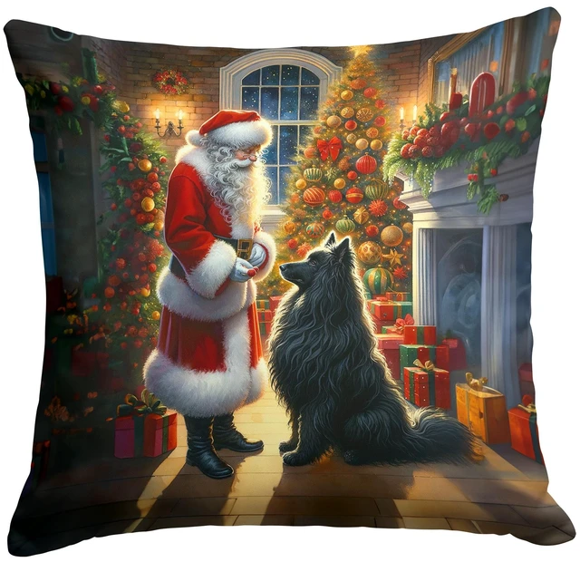 Main image of Belgian Sheepdog and Santa Claus Throw Pillow Machine Washable, Indoor Outdoor Decorative Pillow for Couch, Bed or Patio, 18Hx18W
