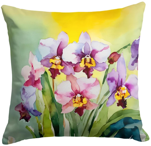 Main image of Orchids in Watercolor Throw Pillow Machine Washable, Indoor Outdoor Decorative Pillow for Couch, Bed or Patio, 18Hx18W