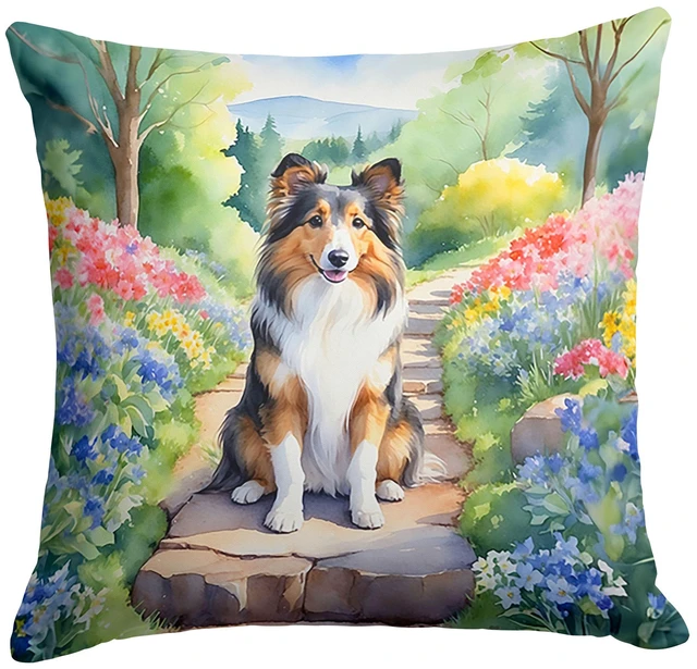 Main image of Sheltie Spring Path Throw Pillow Machine Washable, Indoor Outdoor Decorative Pillow for Couch, Bed or Patio, 18Hx18W
