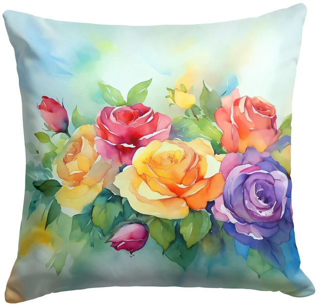 Main image of Roses in Watercolor Throw Pillow Machine Washable, Indoor Outdoor Decorative Pillow for Couch, Bed or Patio, 18Hx18W