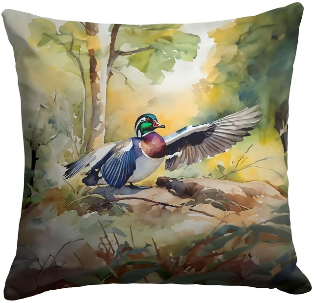 Main image of Wood Duck Throw Pillow Machine Washable, Indoor Outdoor Decorative Pillow for Couch, Bed or Patio, 18Hx18W