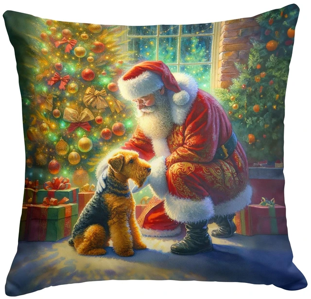 Main image of Airedale Terrier and Santa Claus Throw Pillow Machine Washable, Indoor Outdoor Decorative Pillow for Couch, Bed or Patio, 18Hx18W