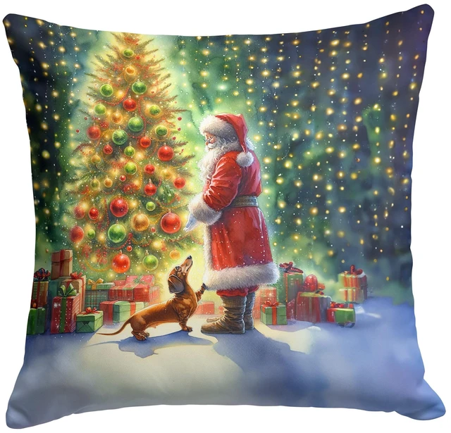 Main image of Dachshund and Santa Claus Throw Pillow Machine Washable, Indoor Outdoor Decorative Pillow for Couch, Bed or Patio, 18Hx18W