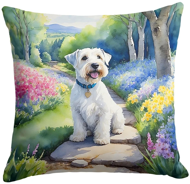 Main image of Sealyham Terrier Spring Path Throw Pillow Machine Washable, Indoor Outdoor Decorative Pillow for Couch, Bed or Patio, 18Hx18W