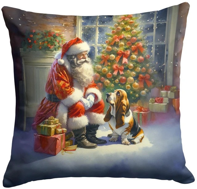 Main image of Basset Hound and Santa Claus Throw Pillow Machine Washable, Indoor Outdoor Decorative Pillow for Couch, Bed or Patio, 18Hx18W