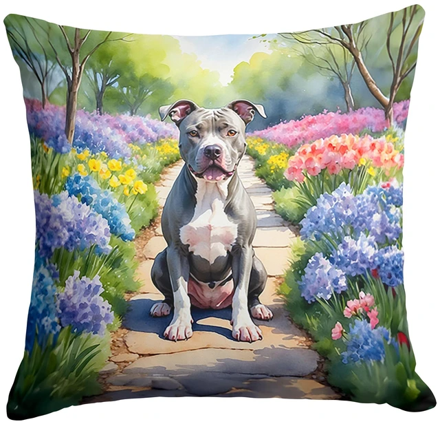 Main image of NEW Pit Bull Terrier Spring Path Throw Pillow Machine Washable, Indoor Outdoor Decorative Pillow for Couch, Bed or Patio, 18Hx18W