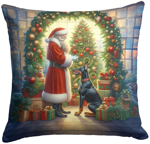 Main image of Doberman Pinscher and Santa Claus Throw Pillow Machine Washable, Indoor Outdoor Decorative Pillow for Couch, Bed or Patio, 18Hx18W