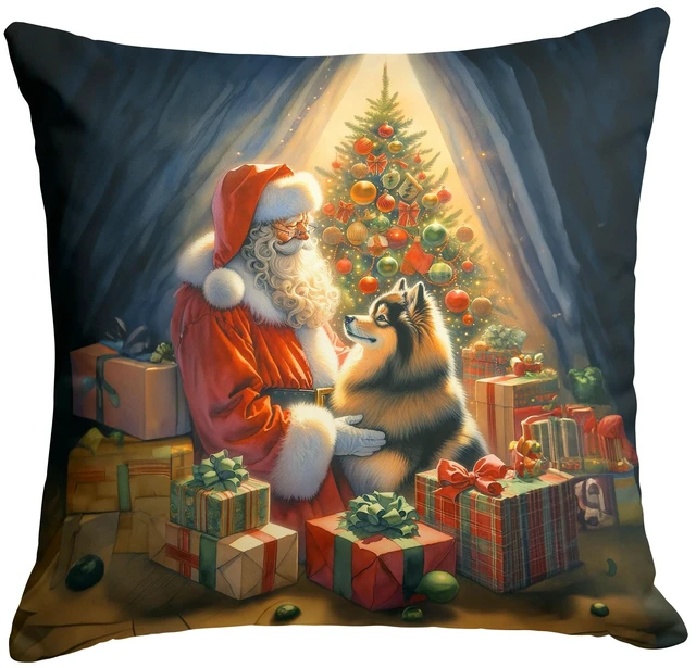 Main image of Finnish Spitz and Santa Claus Throw Pillow Machine Washable, Indoor Outdoor Decorative Pillow for Couch, Bed or Patio, 18Hx18W