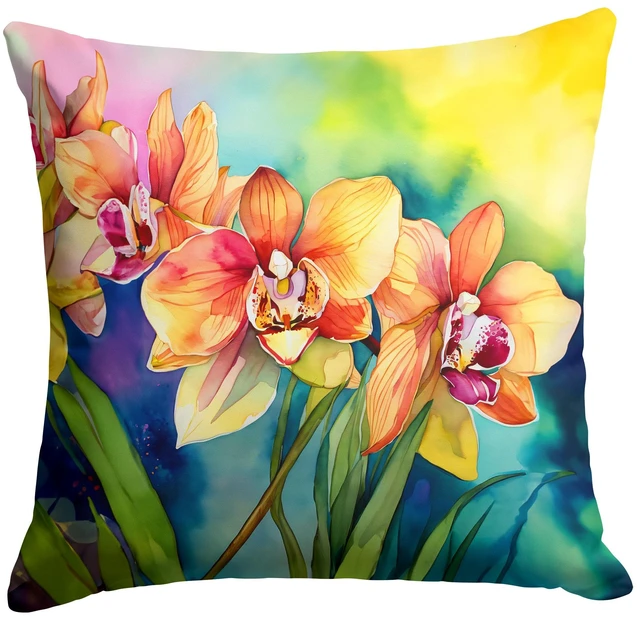 Main image of Orchids in Watercolor Throw Pillow Machine Washable, Indoor Outdoor Decorative Pillow for Couch, Bed or Patio, 18Hx18W