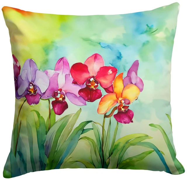 Main image of Orchids in Watercolor Throw Pillow Machine Washable, Indoor Outdoor Decorative Pillow for Couch, Bed or Patio, 18Hx18W