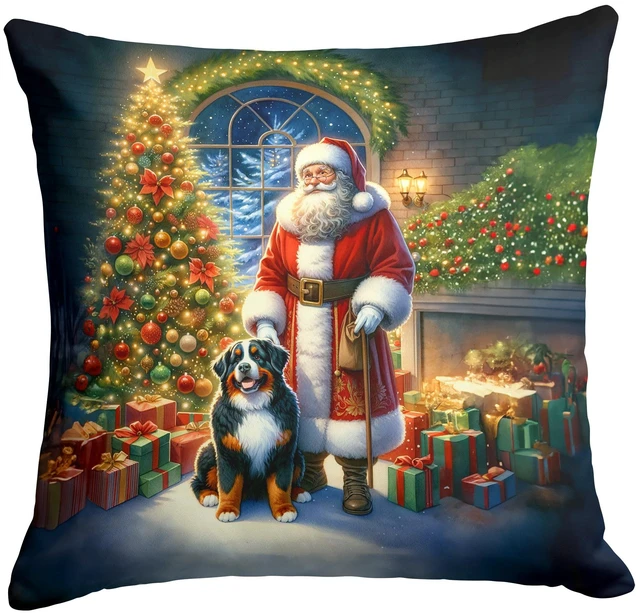 Main image of Bernese Mountain Dog and Santa Claus Throw Pillow Machine Washable, Indoor Outdoor Decorative Pillow for Couch, Bed or Patio, 18Hx18W