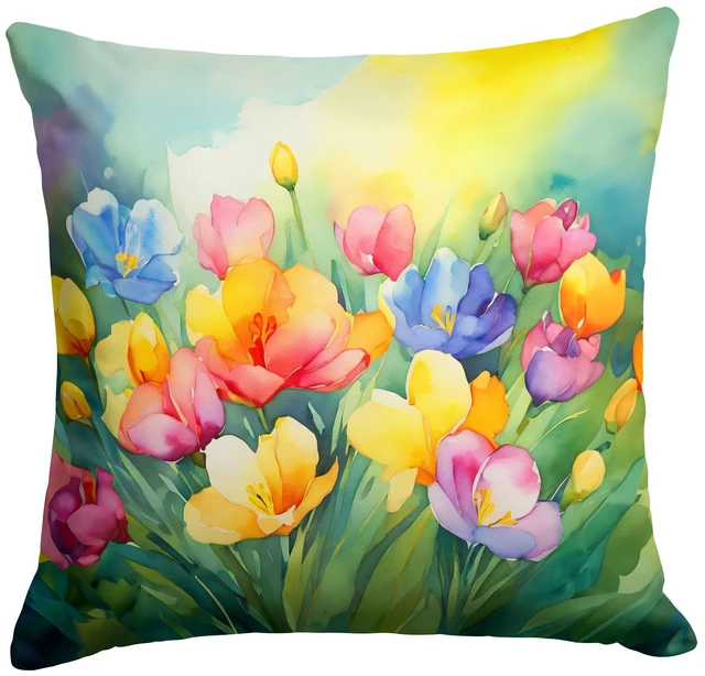 Main image of Freesias in Watercolor Throw Pillow Machine Washable, Indoor Outdoor Decorative Pillow for Couch, Bed or Patio, 18Hx18W