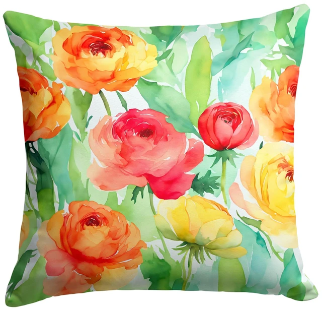 Main image of Ranunculus in Watercolor Throw Pillow Machine Washable, Indoor Outdoor Decorative Pillow for Couch, Bed or Patio, 18Hx18W