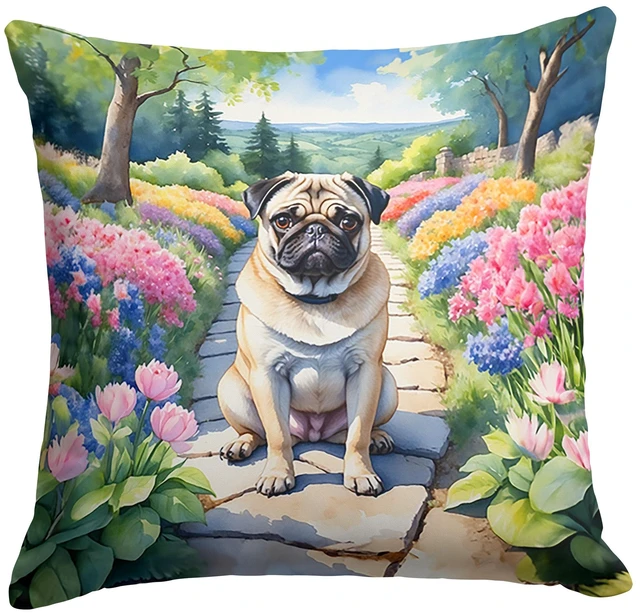 Main image of Pug Spring Path Throw Pillow Machine Washable, Indoor Outdoor Decorative Pillow for Couch, Bed or Patio, 18Hx18W