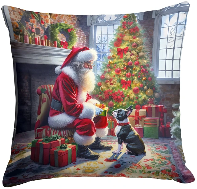 Main image of Boston Terrier and Santa Claus Throw Pillow Machine Washable, Indoor Outdoor Decorative Pillow for Couch, Bed or Patio, 18Hx18W