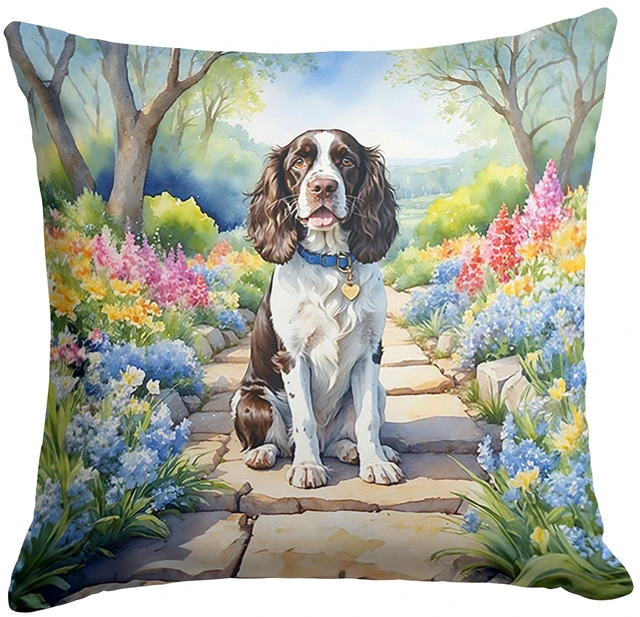 Main image of English Springer Spaniel Spring Path Throw Pillow Machine Washable, Indoor Outdoor Decorative Pillow for Couch, Bed or Patio, 18Hx18W