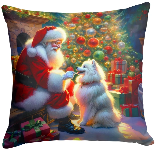 Main image of American Eskimo and Santa Claus Throw Pillow Machine Washable, Indoor Outdoor Decorative Pillow for Couch, Bed or Patio, 18Hx18W