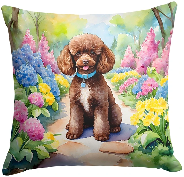 Main image of Chocolate Poodle Spring Path Throw Pillow Machine Washable, Indoor Outdoor Decorative Pillow for Couch, Bed or Patio, 18Hx18W