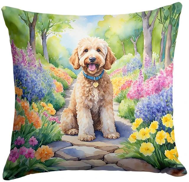 Main image of Goldendoodle Spring Path Throw Pillow Machine Washable, Indoor Outdoor Decorative Pillow for Couch, Bed or Patio, 18Hx18W