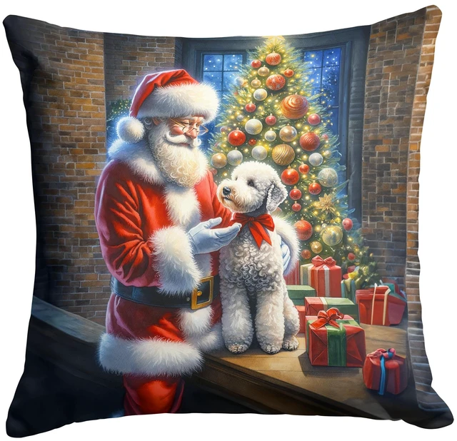 Main image of Bedlington Terrier and Santa Claus Throw Pillow Machine Washable, Indoor Outdoor Decorative Pillow for Couch, Bed or Patio, 18Hx18W