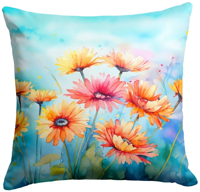 Main image of Gerbera Daisies in Watercolor Throw Pillow Machine Washable, Indoor Outdoor Decorative Pillow for Couch, Bed or Patio, 18Hx18W