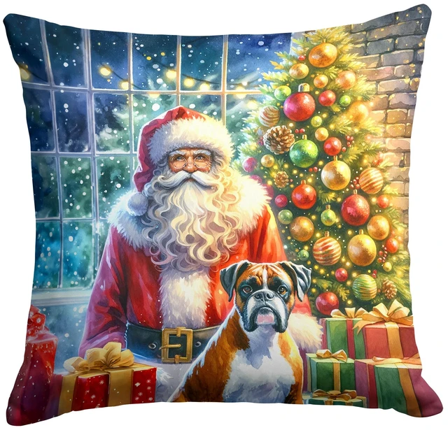 Main image of Boxer and Santa Claus Throw Pillow Machine Washable, Indoor Outdoor Decorative Pillow for Couch, Bed or Patio, 18Hx18W