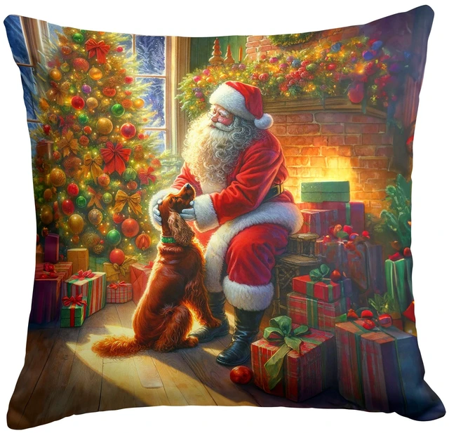 Main image of Irish Setter and Santa Claus Throw Pillow Machine Washable, Indoor Outdoor Decorative Pillow for Couch, Bed or Patio, 18Hx18W