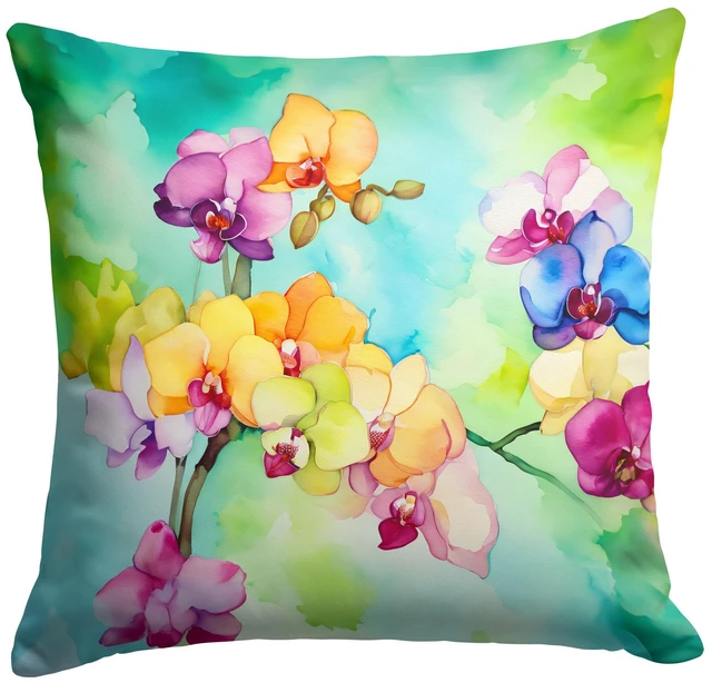 Main image of Orchids in Watercolor Throw Pillow Machine Washable, Indoor Outdoor Decorative Pillow for Couch, Bed or Patio, 18Hx18W